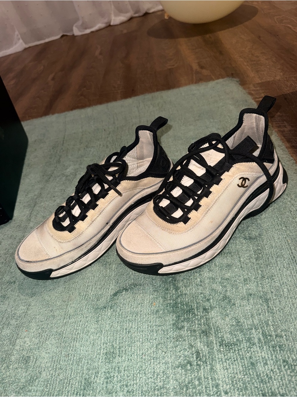 CHANEL woman  Cream and Black Low-Top Sneakers
